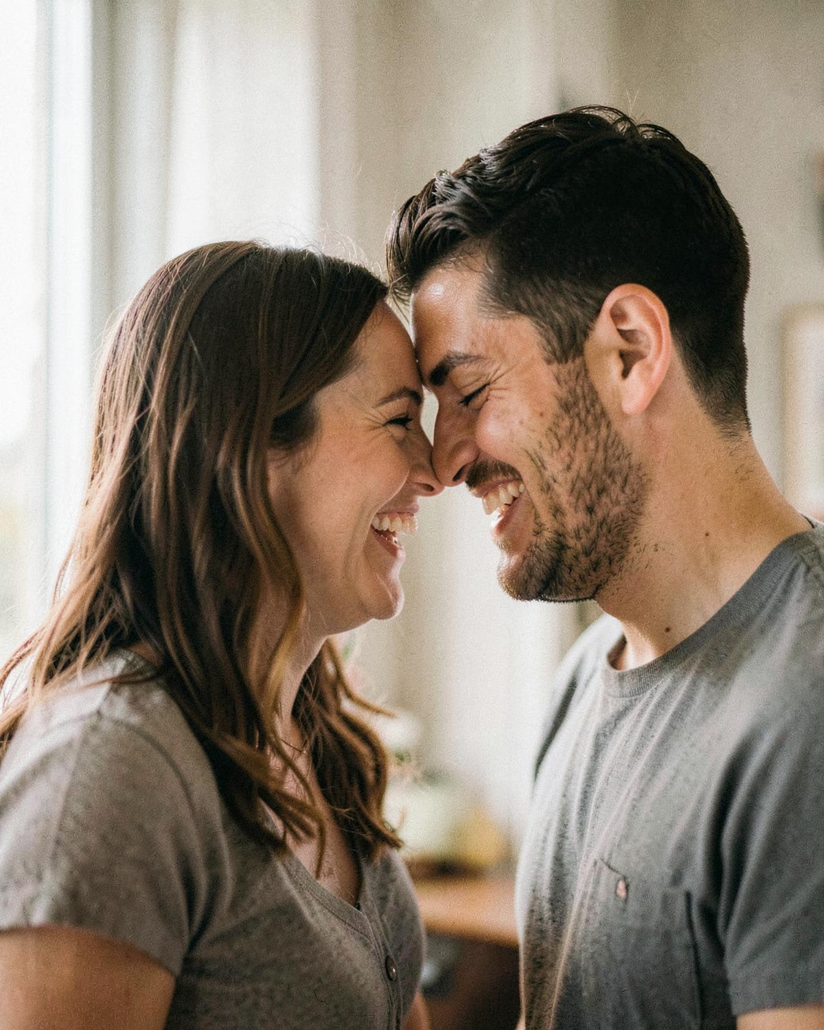 A couple laughing forehead to forehead in warm daylight