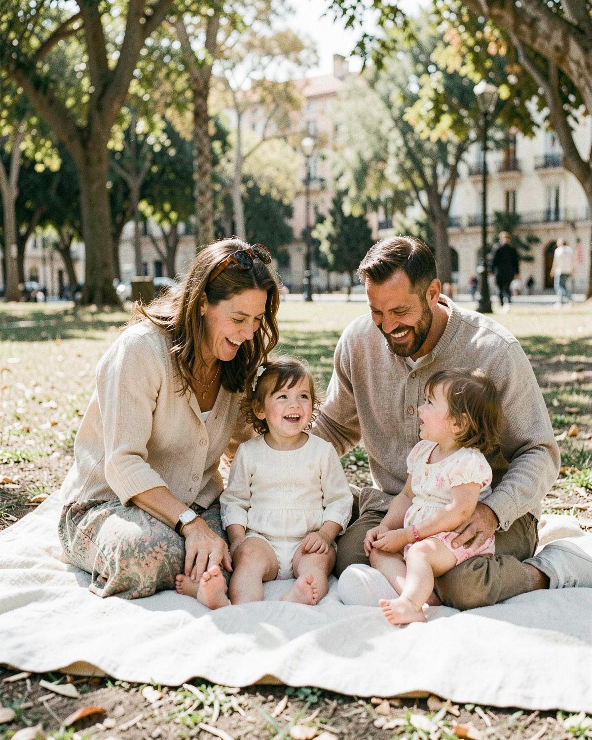 A family of four laughing together on a blanket in a sunlit Lisbon park