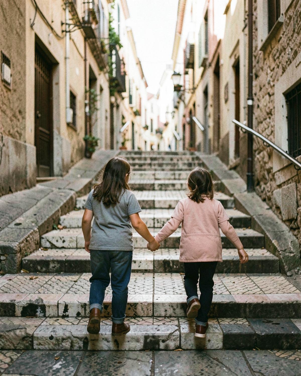 Two sisters holding hands on old tiled Lisbon steps