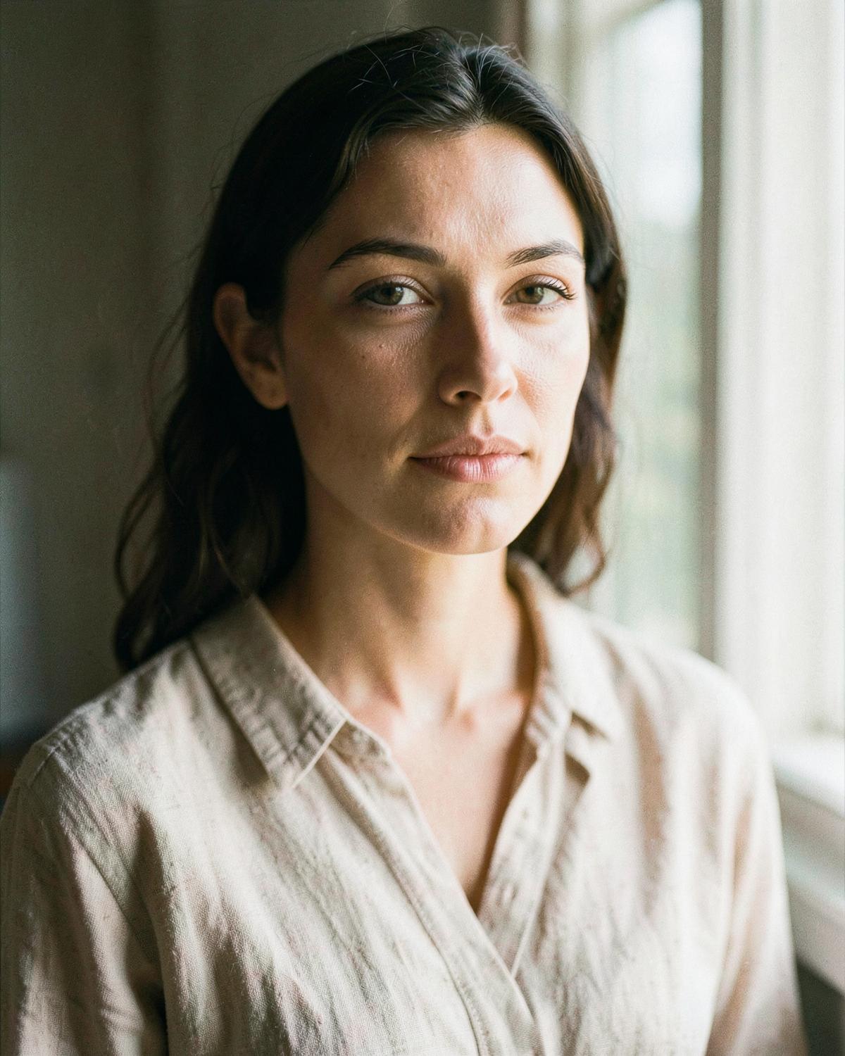 Portrait of a woman in soft window light wearing linen