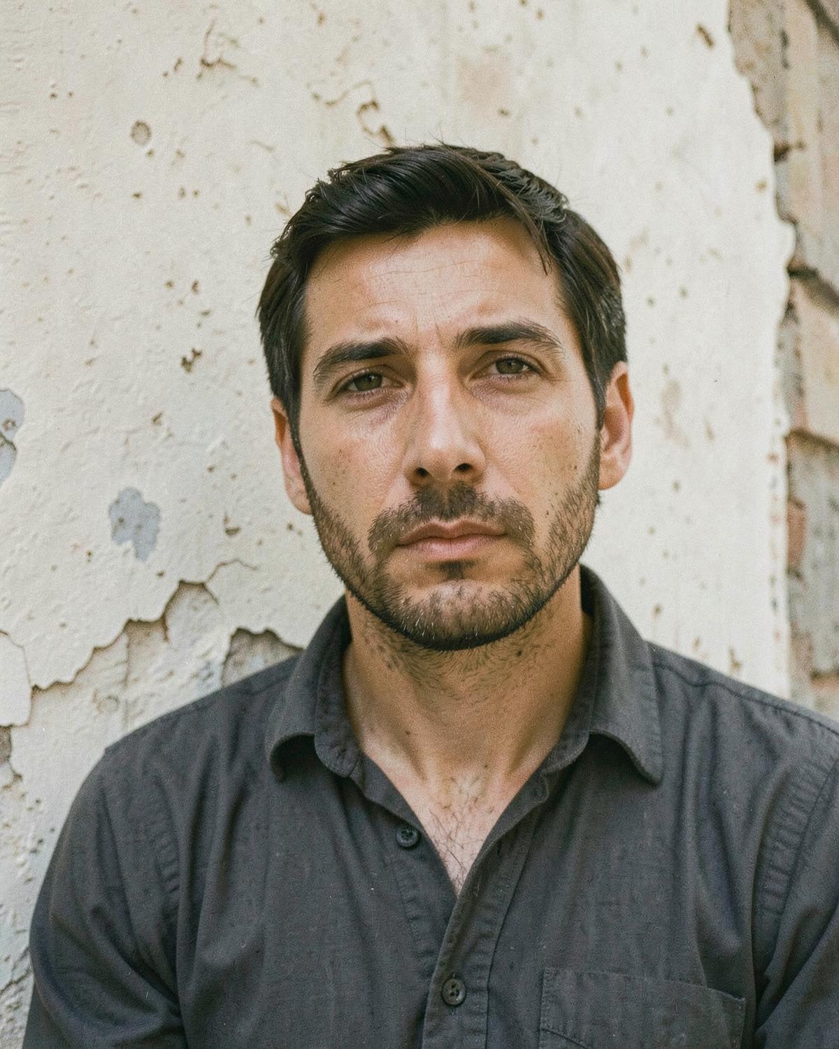 Portrait of a man against a weathered pale wall in Lisbon